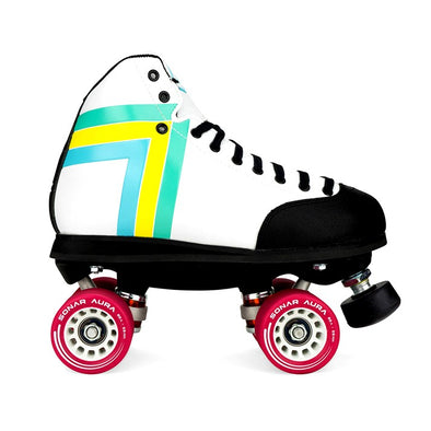 white roller skates with green yellow blue arrows, red wheels 