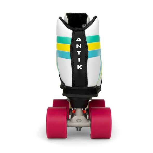back view of antik skyhawk white with blue, yellow and green stripes with red wheels