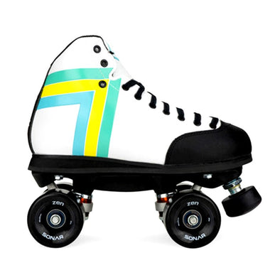 white antik rollerskate with green yellow and blue stripes and black zen wheels 