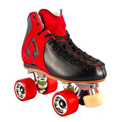 black leather and red suede antik rollerskates with red heartless wheels