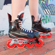 person wearing black vapor with red union wheels