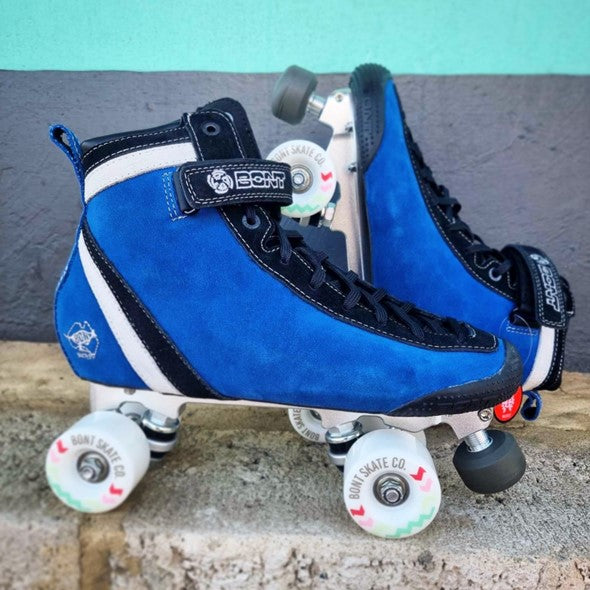 blue bont rollerskates with white outdoor wheels