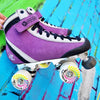 purple high toip skate with street flow wheels against a colourful brick wall