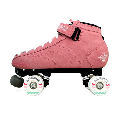 baby pink strawberry suede mid height roller derby quad roller skates, white outdoor wheels adjustable toe stops 