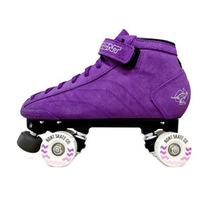 purple suede mid height roller derby quad roller skates, white outdoor wheels adjustable toe stops 