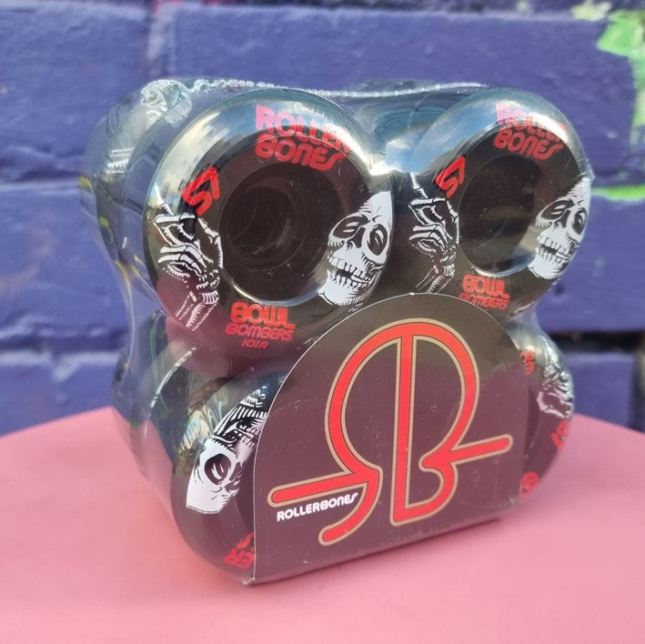 8 pack of black rollerskate wheels woith skeleton on side