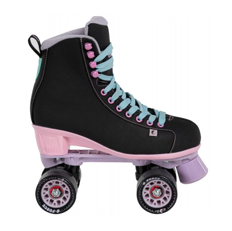 black hightop retro rollerskates pastel pink sole, lavender toestop, teal laces, black lavender 78a outdoor wheels 