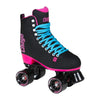 black high top retro rollerskates, blue laces, black 78a outdoor wheels, pink sole heel 'Chaya' 