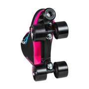 black high top retro rollerskates, blue laces, black 78a outdoor wheels, pink sole heel 'Chaya' 