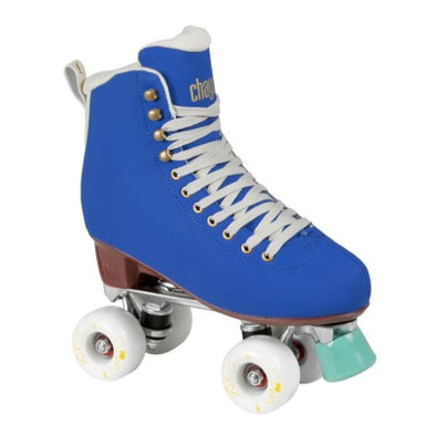 ELECTRIC BLUE HIGH TOP RETRO ROLLERSKATES, WHITE OUTDOOR 78A WHEELS, TEAL TOE STOP, CREAM LACES 