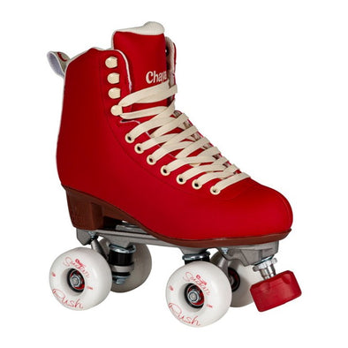 red high top roller skates with outdoor white wheels 