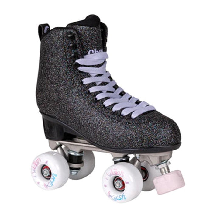 chaya black glitter high top roller skates light purple laces with white 'sugar rush' outdoor wheels grey adjustable toe stop