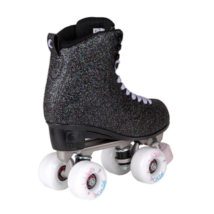 chaya black glitter high top roller skates light purple laces with white 'sugar rush' outdoor wheels grey adjustable toe stop