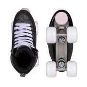 chaya black glitter high top roller skates light purple laces with white 'sugar rush' outdoor wheels grey adjustable toe stop