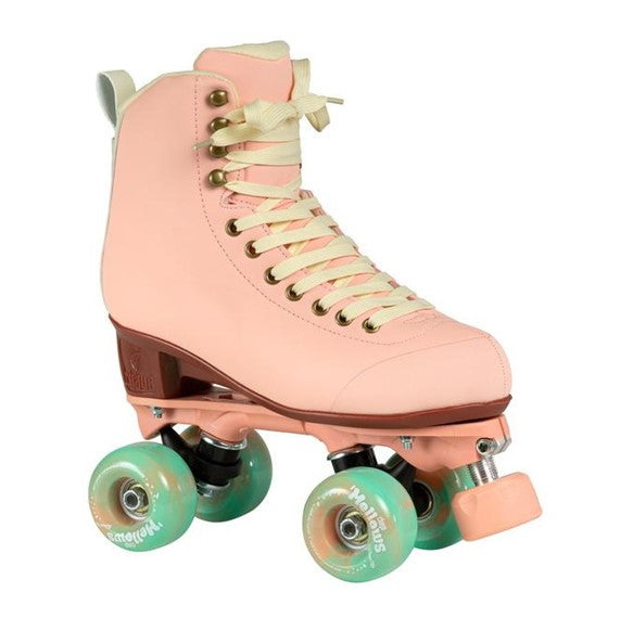 pastel pink retro roller skate high top, teal wheels, pink plate, pink toestops