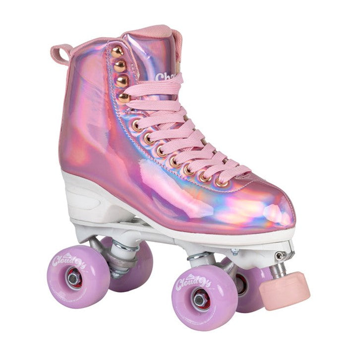 pink holographic high top rollerskates with white sole and pink cloud 9 outdoor wheels pink adjustable toe stops