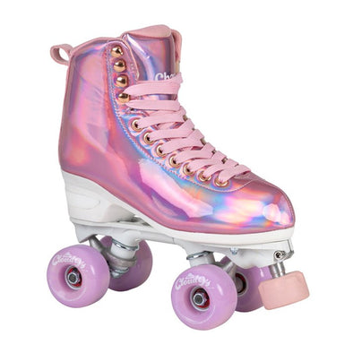 pink holographic high top rollerskates with white sole and pink cloud 9 outdoor wheels 
