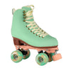 pastel green mint high toip artistic roller skates, pink plate, pink toe stop, green outdoor mellows 78a wheels 