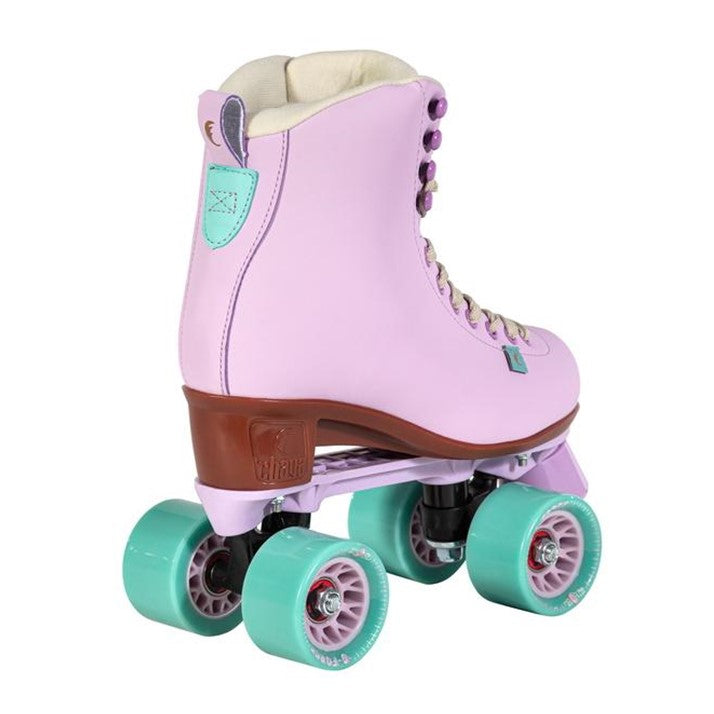 back view of chaya light purple high top rollerskate teal outdoor wheels