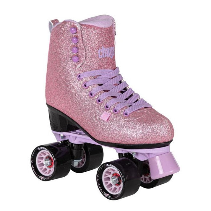 PINK GLITTER HIGH TOP ROLLERKSATES, BLACK OUTDOOR 78A WHEELS, PURPLE PLATE BOLT ON TOESTOP