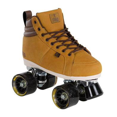 brown sneaker style roller skates with brown glitter outdoor wheels