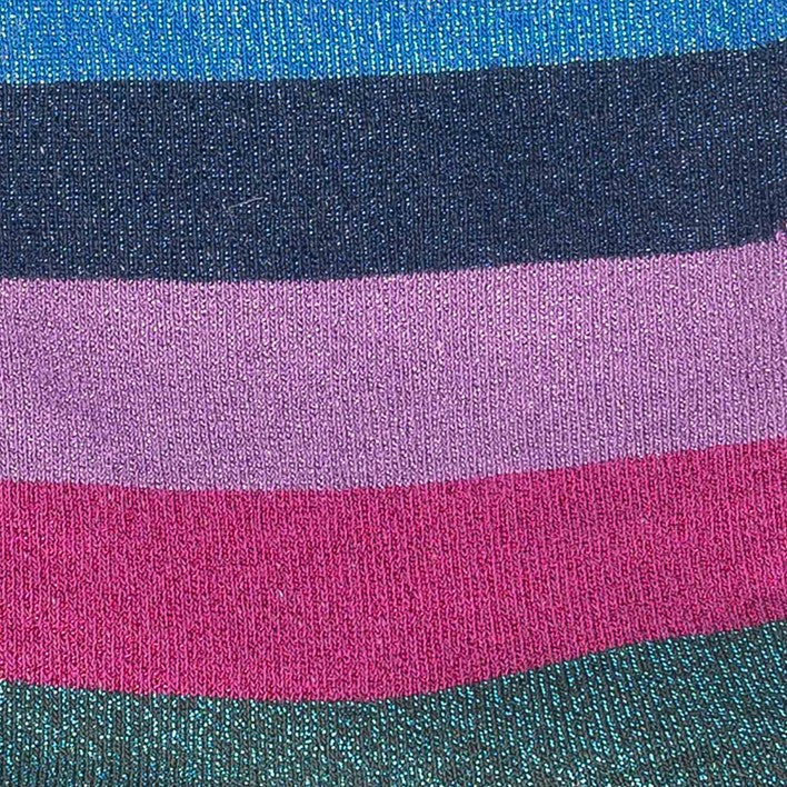 COSE UP OF SPARKLY CREW SOCKS PINK GREEN AND BLUE STRIPED