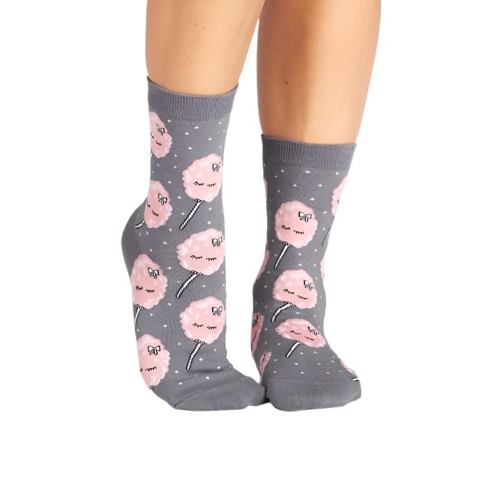 PERSON WEARING GREY CREW SOCKS WITH PATTERN OF PINK FAIRY FLOSS CANDY FLOSS