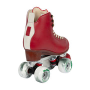 back view of chaya red high top roller skates white and green wheels