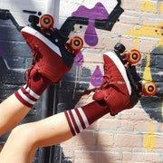 person wearing maroon skate park roller skate grindblock wide trucks adjustable toe stop firebolt wheels