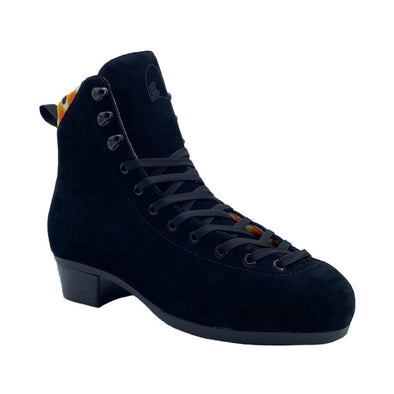 black suede high top roller skate boot with black laces