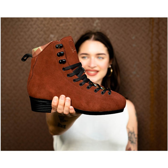 dark brown suede roller skate boot with black sole and black laces