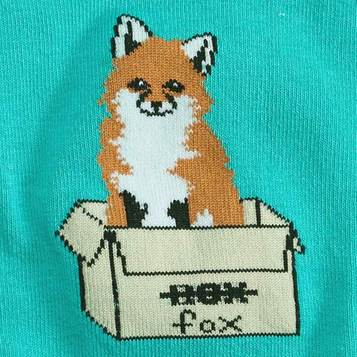 CLOSE UP OF ORANGE FOX SITTING IN BOX ON SIDE OF TEAL SOCK