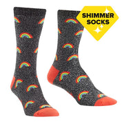 BLACK GLITTER CREW SOCKS WITH RED HEEL AND TOE WITH PATTERN OF SMALL RAINBOWS