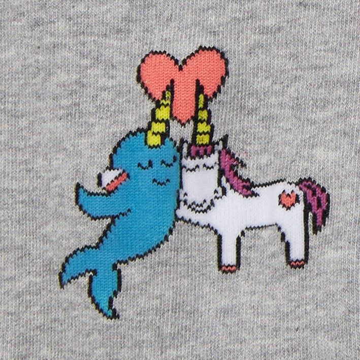 CLOSE UP OF UNICORN AND NARWHALE HUGGING WITH HEART ABOVE ON GREY KNEE HIGH SOCK