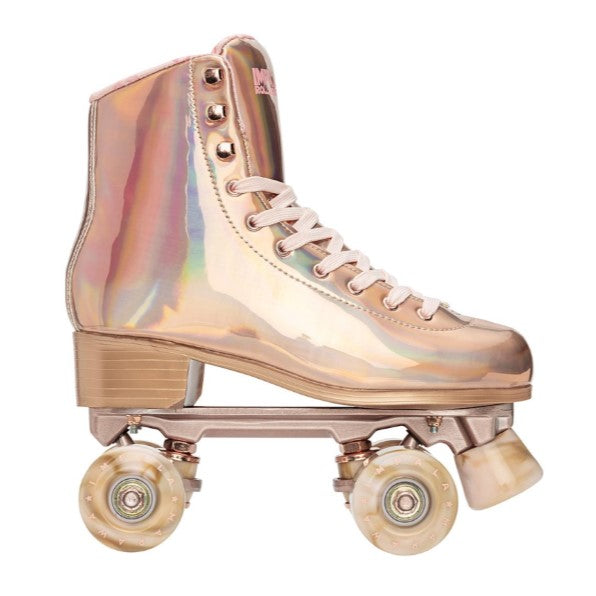 rose gold hologrphic artistic hightop retro roller skate, cream marble outdoor 82a wheels, cream laces toestops 'Impala' 