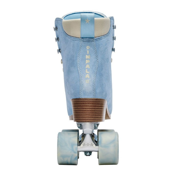 back of pastel blue suede high top imapala rollerskates