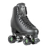 black high top rollerskate, heeled boot, black sole, black wheels