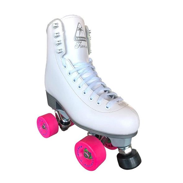 white artistic high top skate boot, grey sole, heel, pink wheels 