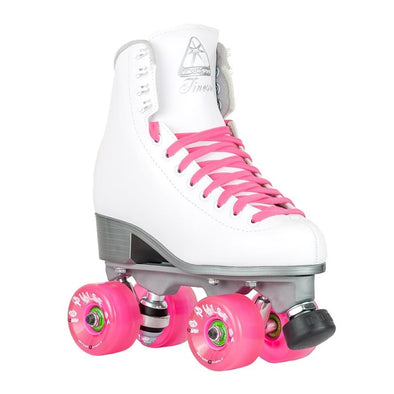 white artistic hightop rollerskate, pink laces, pink wheels, silver sole heel 