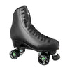 black artistic hightop rollerskate, black laces, black atom tone wheels, silver sole heel