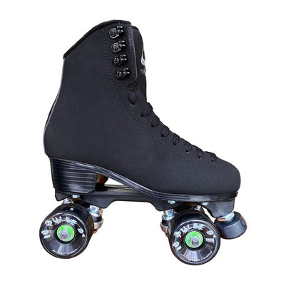 black suede look artistic hightop rollerskate, black laces, black pulse wheels, black sole heel