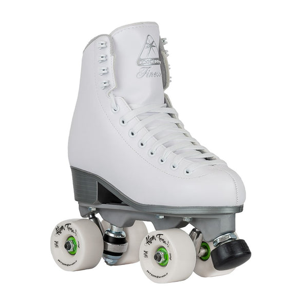 white hightop retro rollerskate artistic boot with grey sle and white atom tone 97a indoor wheels 