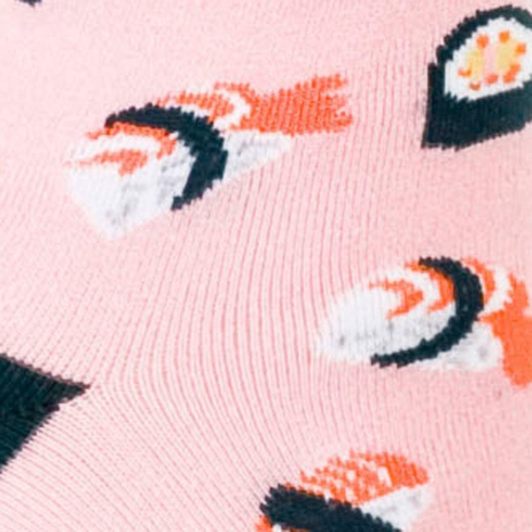 CLOSE UP OF SUSHI ON PINK CREW SOCKS