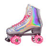 silver holographic high top roller skates, pink laces, pink wheels, grey sole