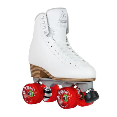 white artistic hightop rollerskate, white laces, red wheels, wooden look sole heel, silver plate with adjustable toestop