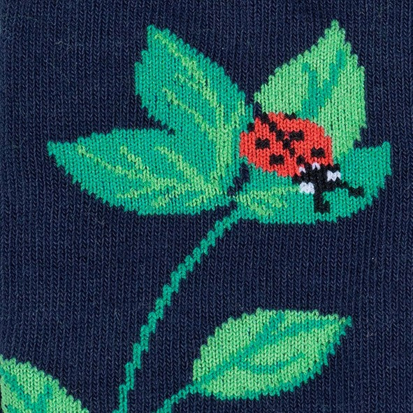 CLOSE UP OF NAVY KNEE HIGH SOCKS WITH LEAF PATTERN AND LADY BUGS