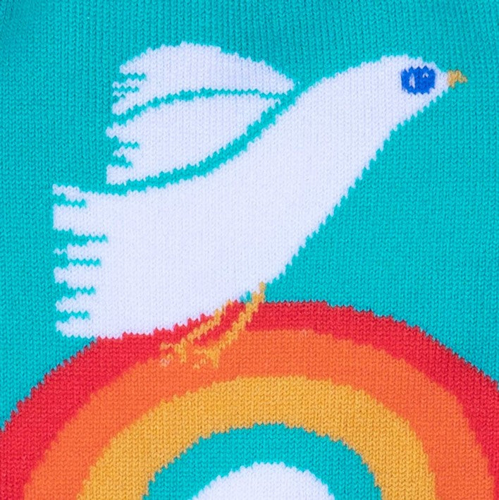 CLOSE UP OF WHITE BIRD ON RAINBOW ON BLOCKY ABSTRACT PATTERN CREW SOCK