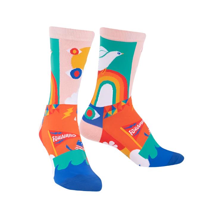 BLOCKY ABSTRACT ART CREW SOCK WITH BLUE TEAL ORANGE PINK YELLOW COLOURS