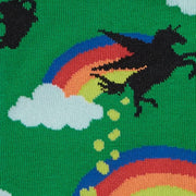 CLOSE UP OF GREEN CREW SOCKS WITH MAGICAL UNICORNS AND LUCKY POT AT END OF RAINBOW