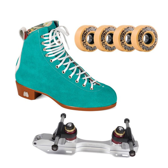 moxi jack teal suede boot with powerdyne reactor plate and moxi trick 97a wheels